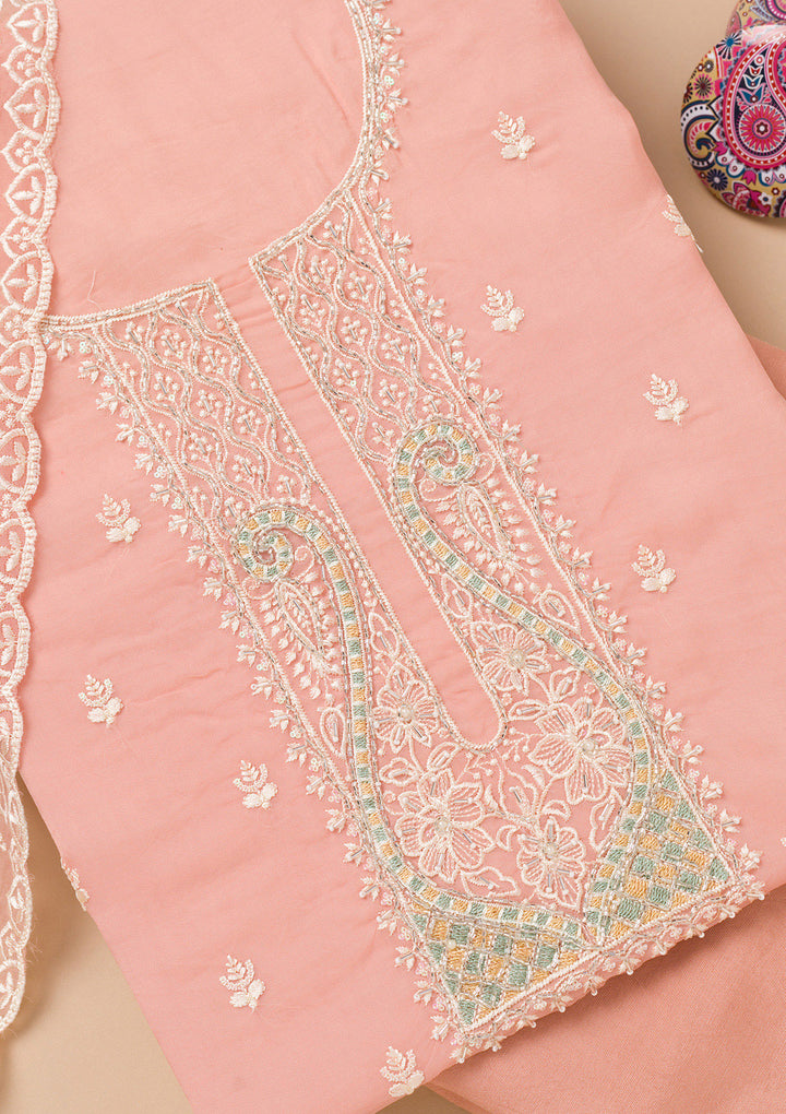 Peach Tissue Threadwork Unstitched Dress Material With Matching Bottom And Dupatta