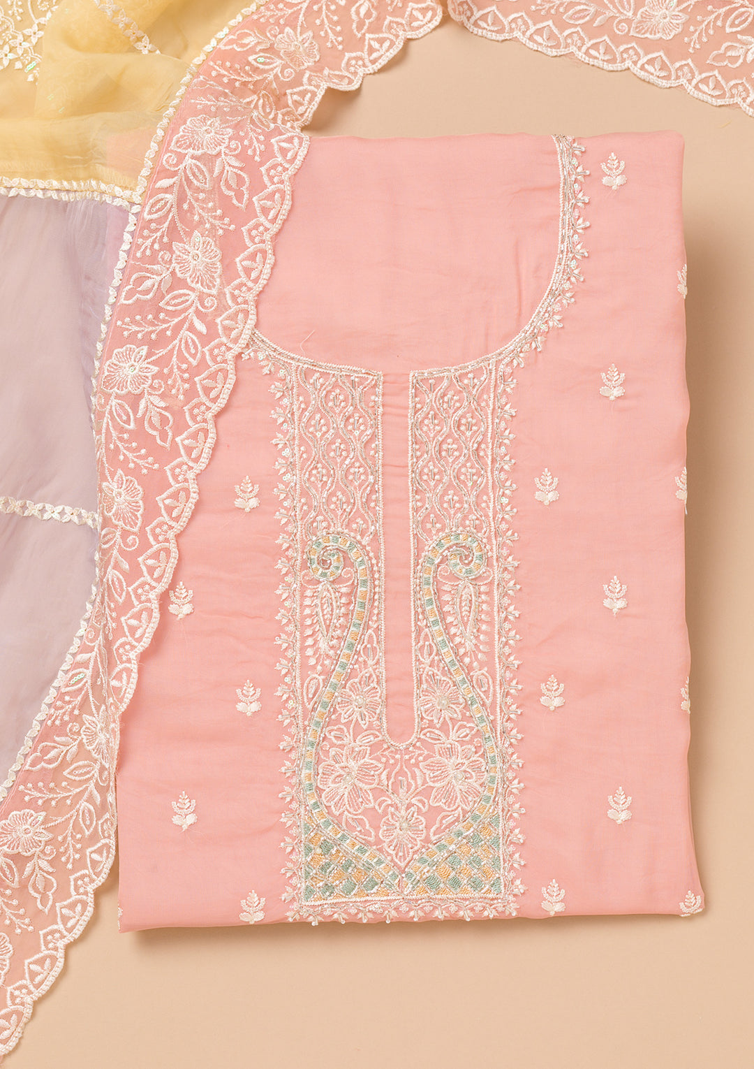 Peach Tissue Threadwork Unstitched Dress Material With Matching Bottom And Dupatta