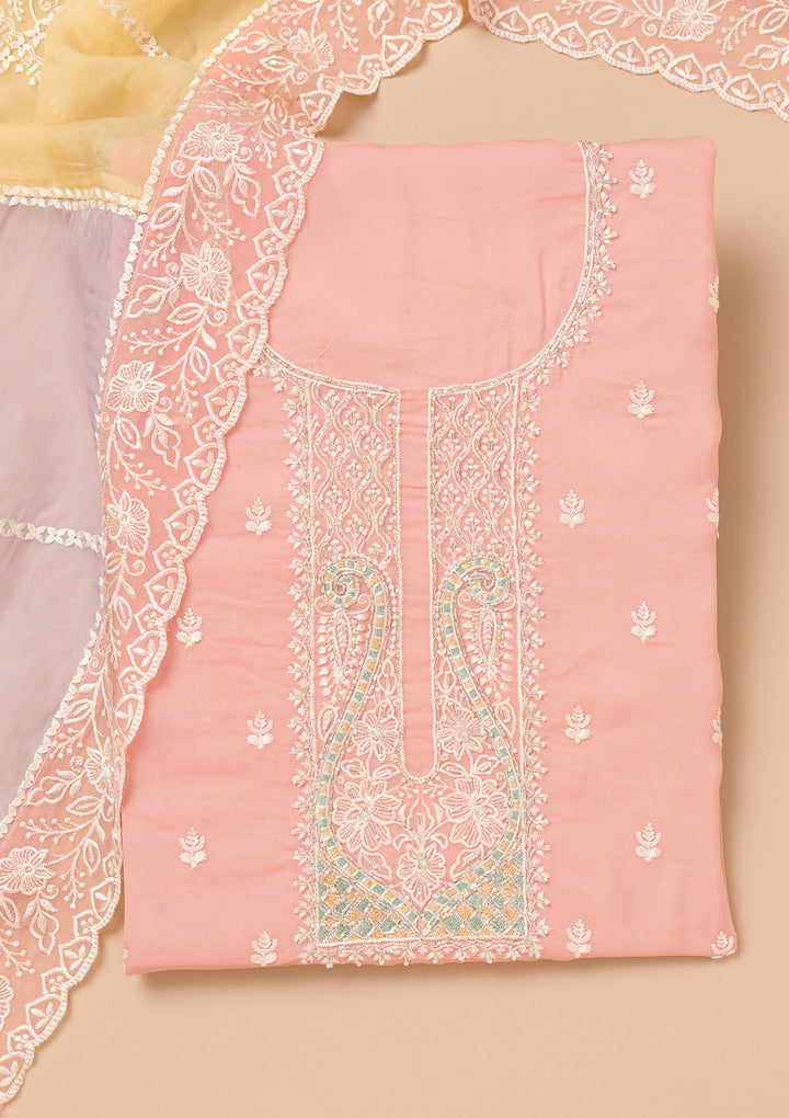 Peach Tissue Threadwork Unstitched Dress Material With Matching Bottom And Dupatta