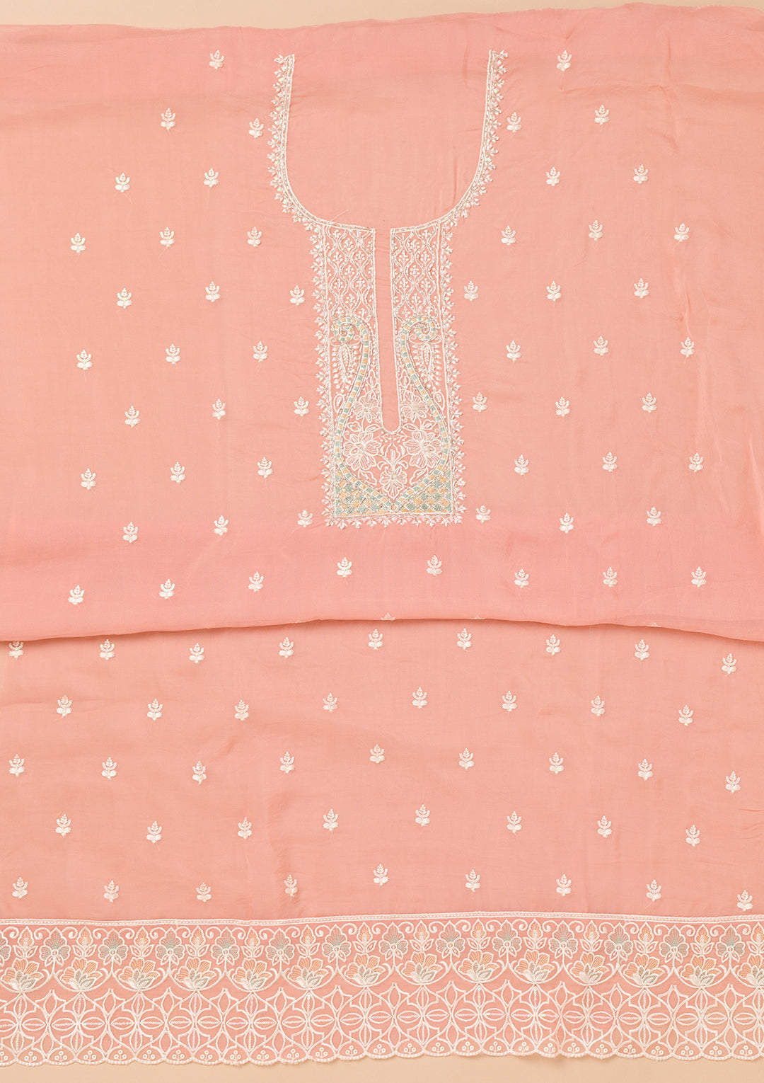 Peach Tissue Threadwork Unstitched Dress Material With Matching Bottom And Dupatta
