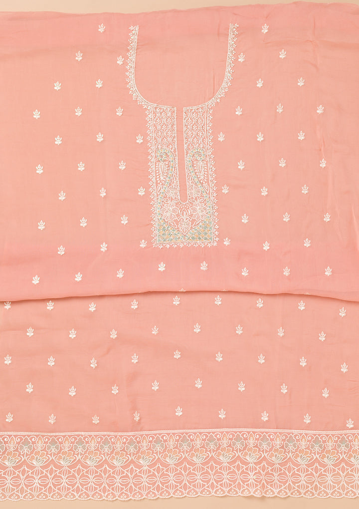 Peach Tissue Threadwork Unstitched Dress Material With Matching Bottom And Dupatta