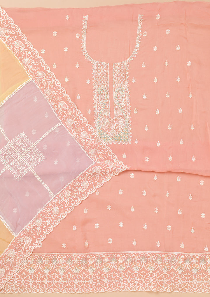 Peach Tissue Threadwork Unstitched Dress Material With Matching Bottom And Dupatta