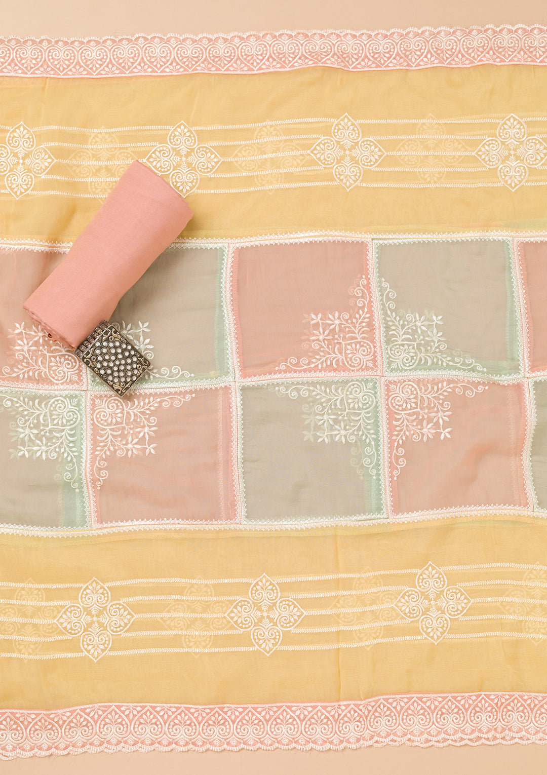Peach Tissue Threadwork Unstitched Dress Material With Matching Bottom And Dupatta