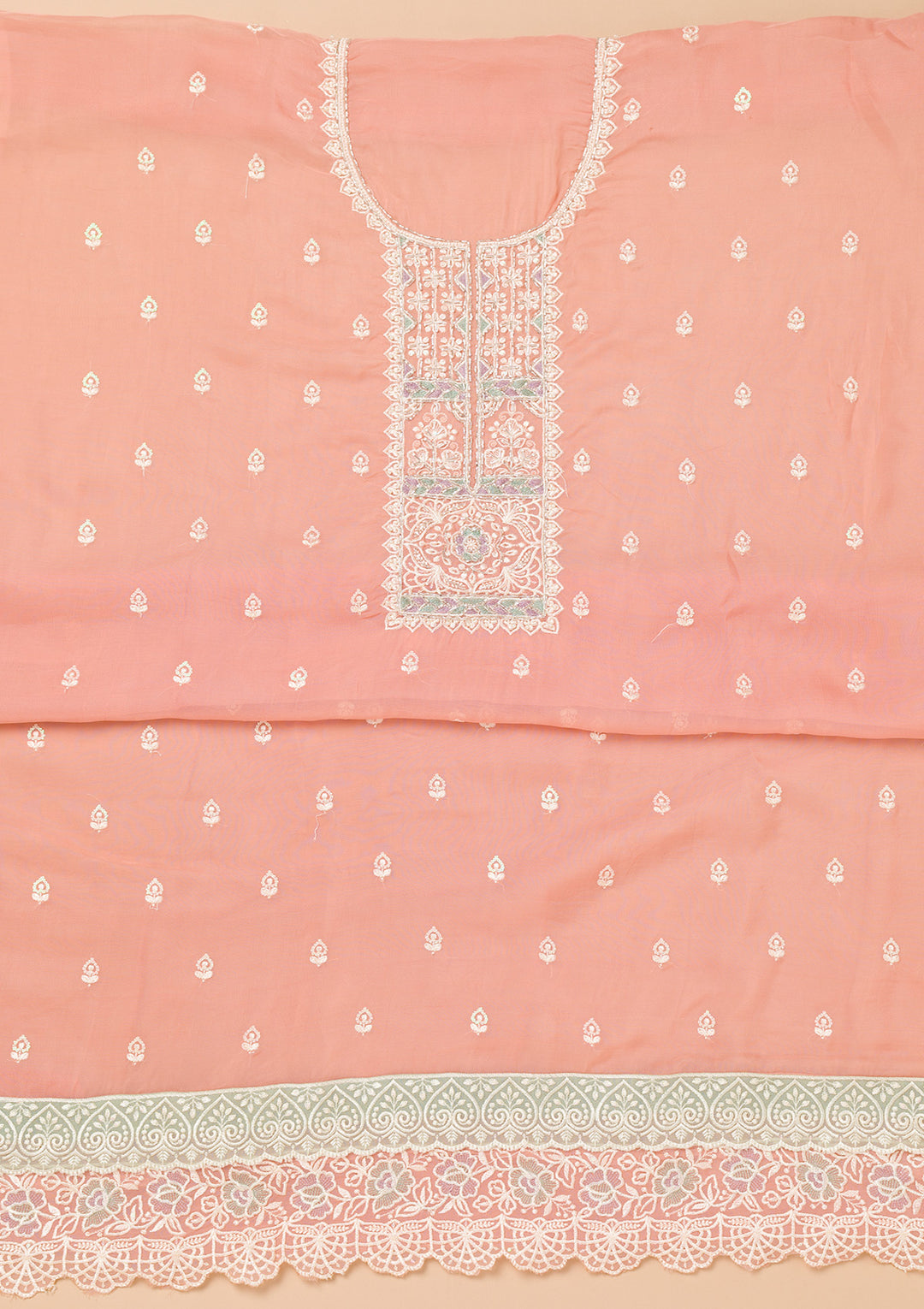 Peach Tissue Threadwork Unstitched Dress Material With Matching Bottom And Dupatta