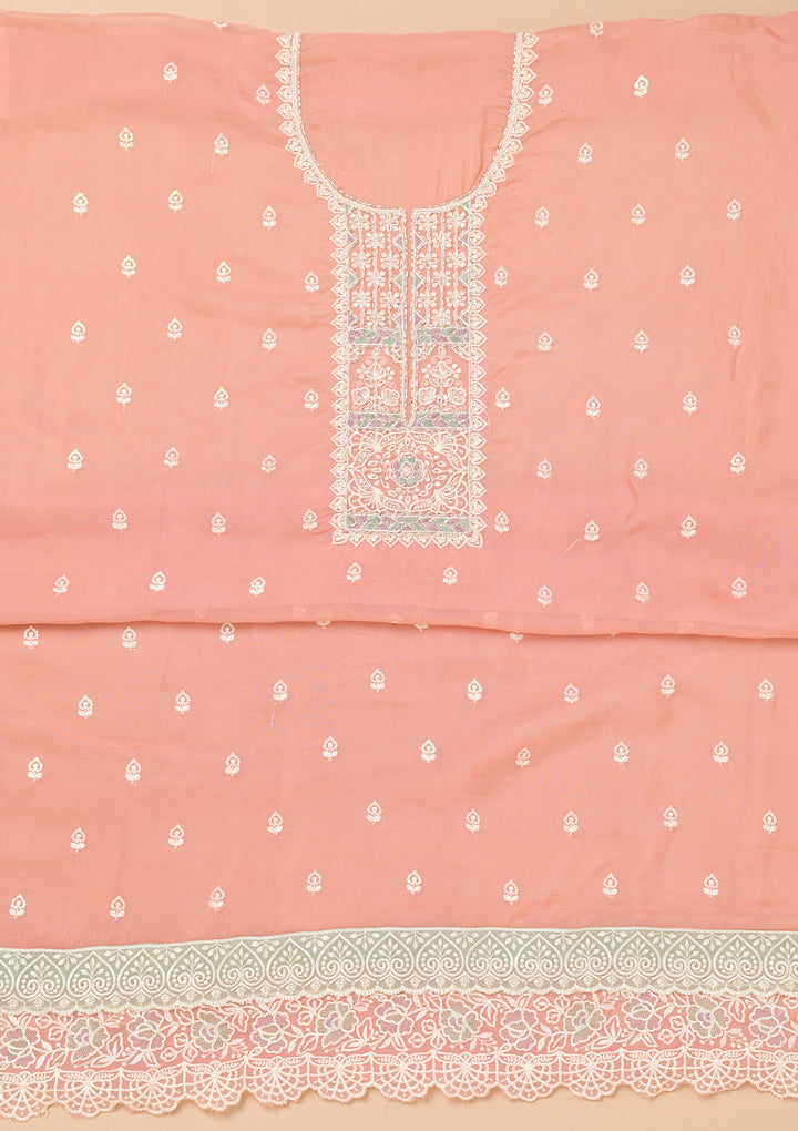 Peach Tissue Threadwork Unstitched Dress Material With Matching Bottom And Dupatta