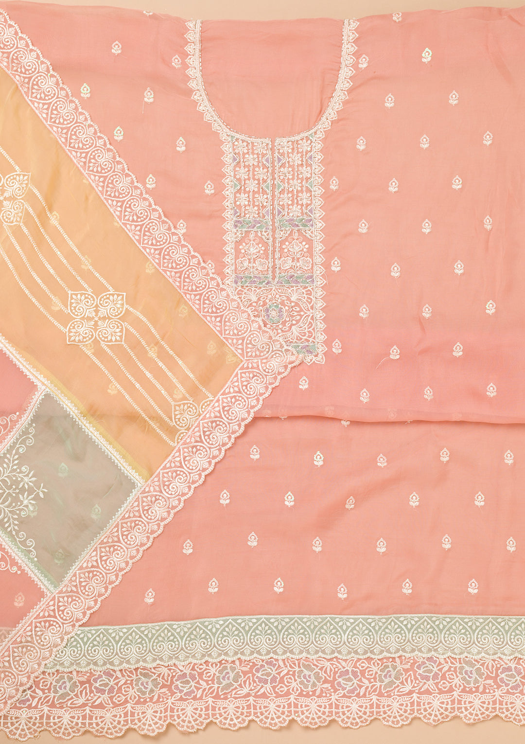 Peach Tissue Threadwork Unstitched Dress Material With Matching Bottom And Dupatta