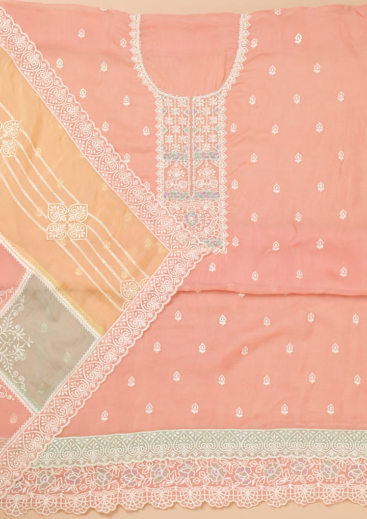Peach Tissue Threadwork Unstitched Dress Material With Matching Bottom And Dupatta