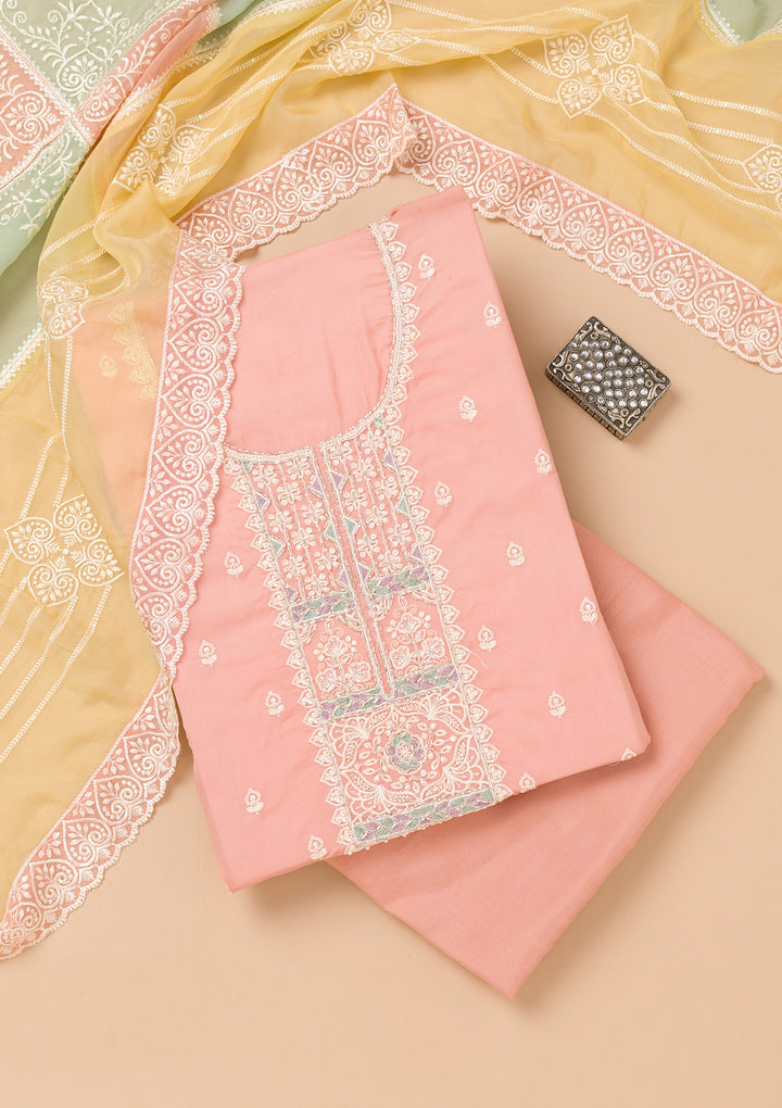 Peach Tissue Threadwork Unstitched Dress Material With Matching Bottom And Dupatta