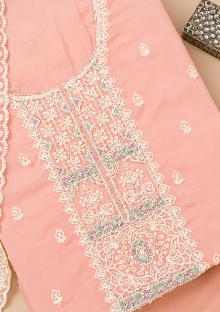 Peach Tissue Threadwork Unstitched Dress Material With Matching Bottom And Dupatta