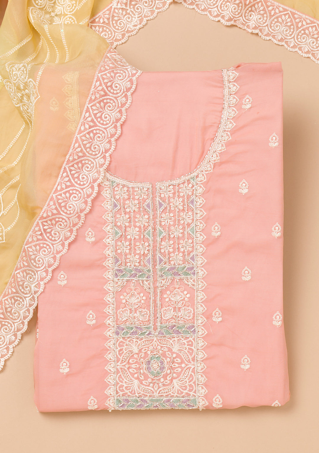 Peach Tissue Threadwork Unstitched Dress Material With Matching Bottom And Dupatta