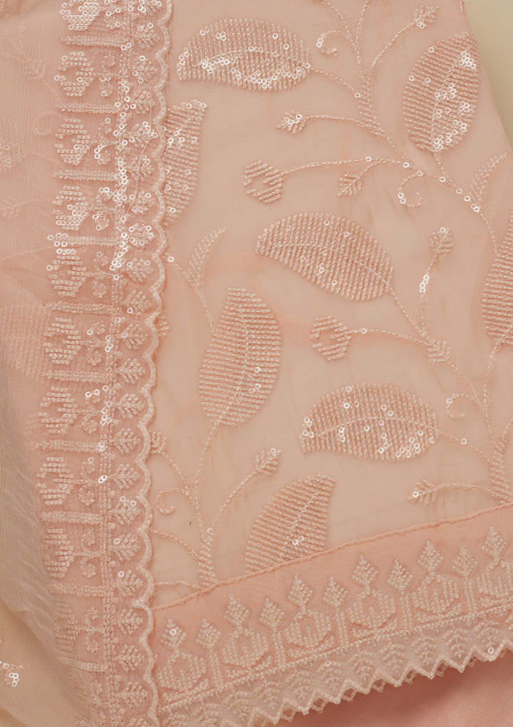Peach Georgette Threadwork Unstitched Dress Material With Matching Bottom And Dupatta