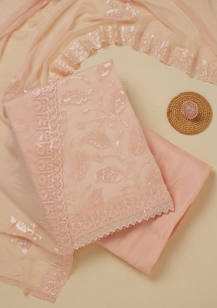Peach Georgette Threadwork Unstitched Dress Material With Matching Bottom And Dupatta