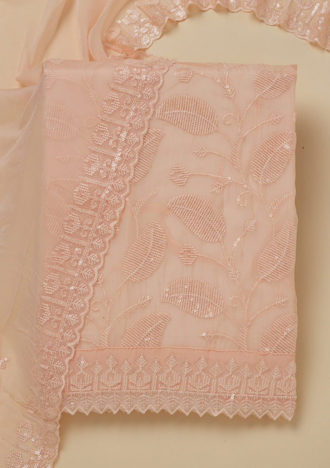 Peach Georgette Threadwork Unstitched Dress Material With Matching Bottom And Dupatta