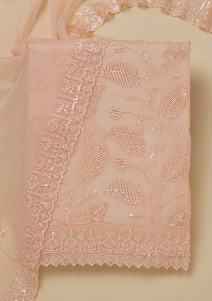 Peach Georgette Threadwork Unstitched Dress Material With Matching Bottom And Dupatta