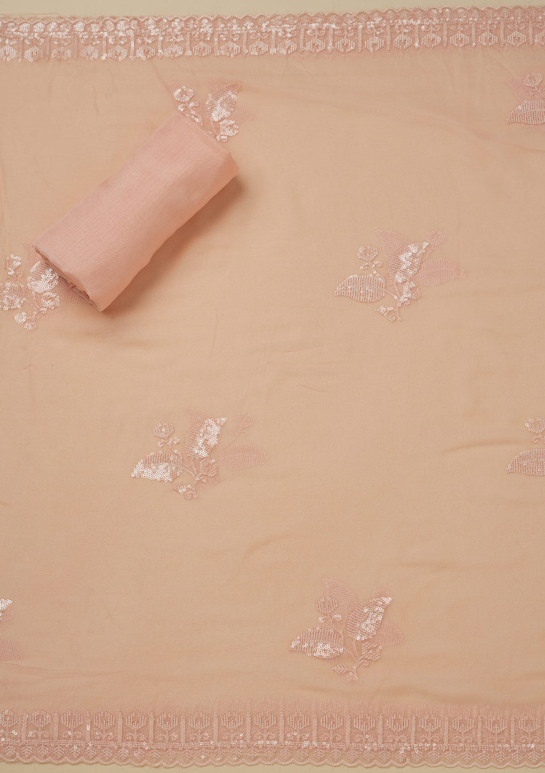 Peach Georgette Threadwork Unstitched Dress Material With Matching Bottom And Dupatta