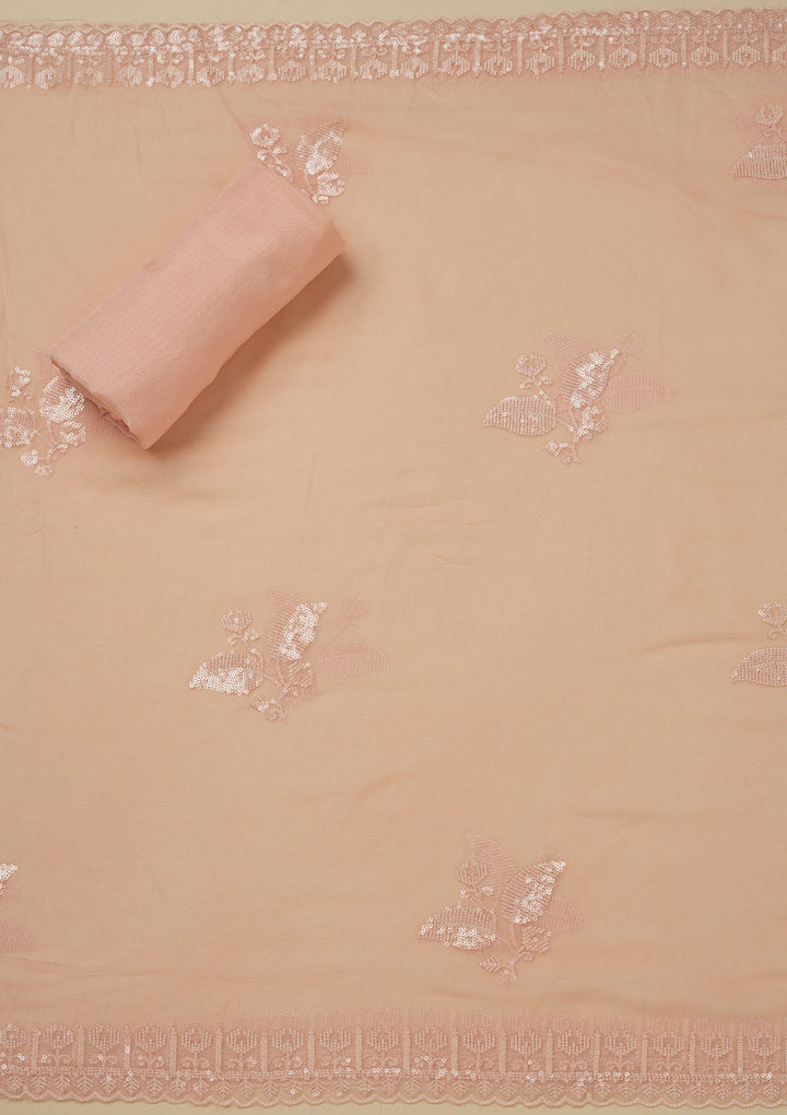 Peach Georgette Threadwork Unstitched Dress Material With Matching Bottom And Dupatta