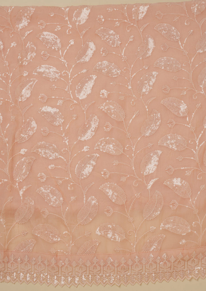 Peach Georgette Threadwork Unstitched Dress Material With Matching Bottom And Dupatta