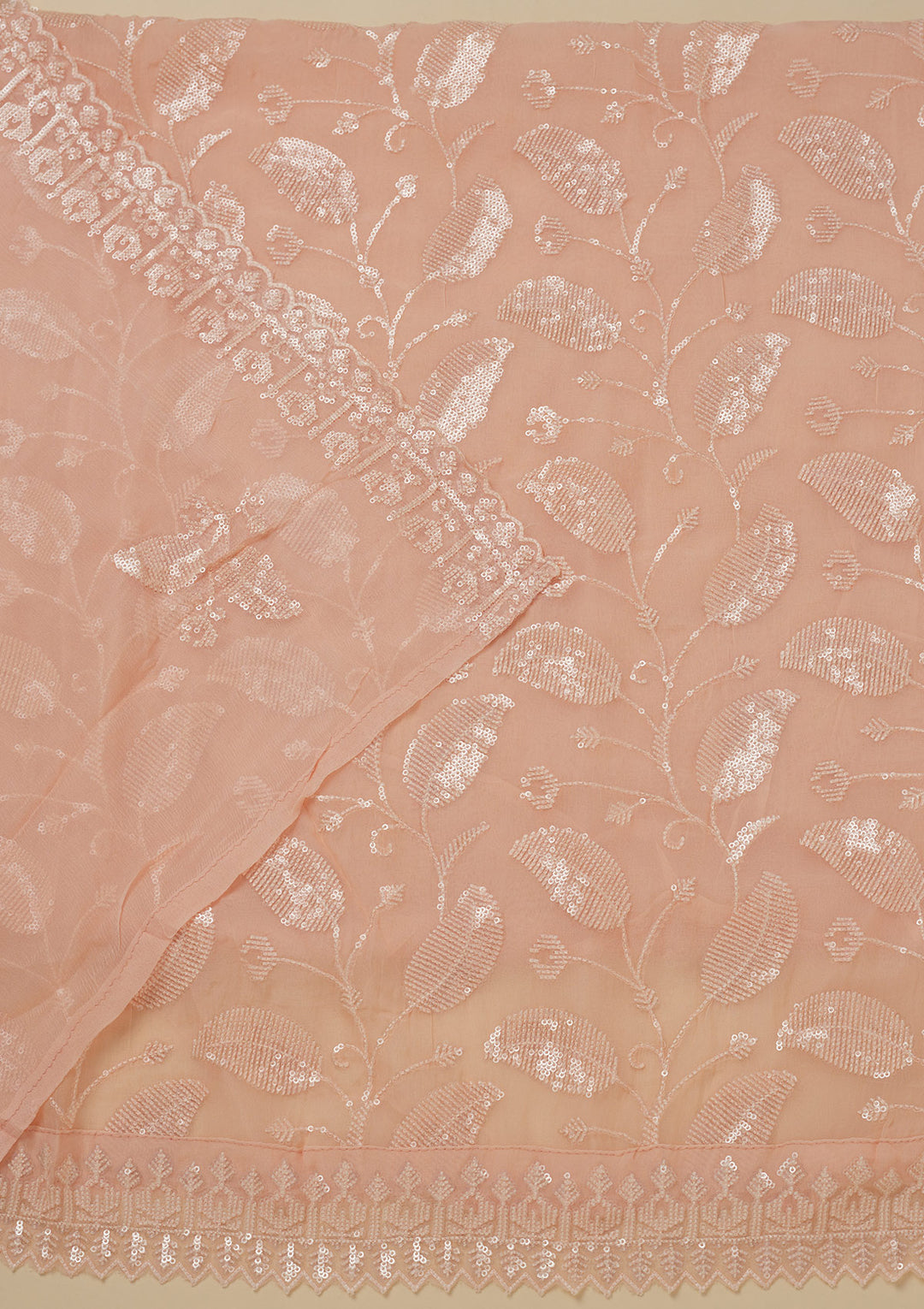 Peach Georgette Threadwork Unstitched Dress Material With Matching Bottom And Dupatta