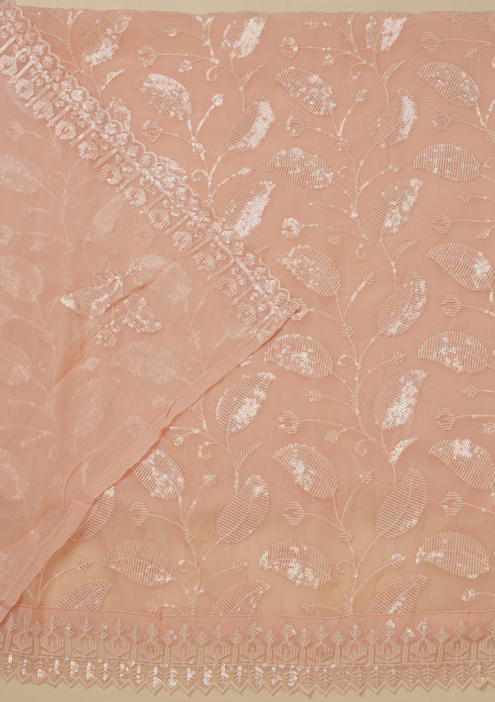 Peach Georgette Threadwork Unstitched Dress Material With Matching Bottom And Dupatta