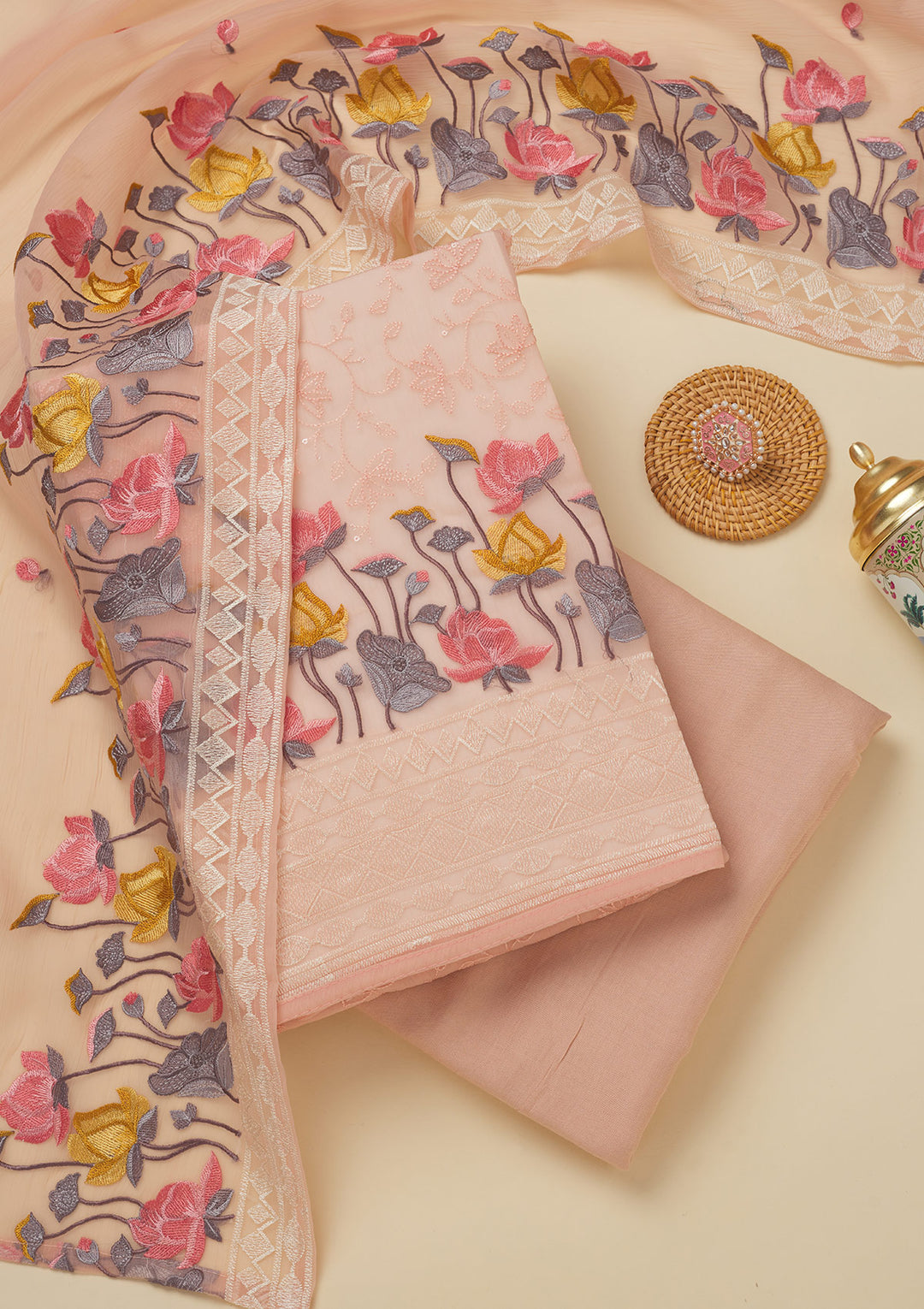 Peach Organza Threadwork Unstitched Dress Material With Matching Bottom And Dupatta