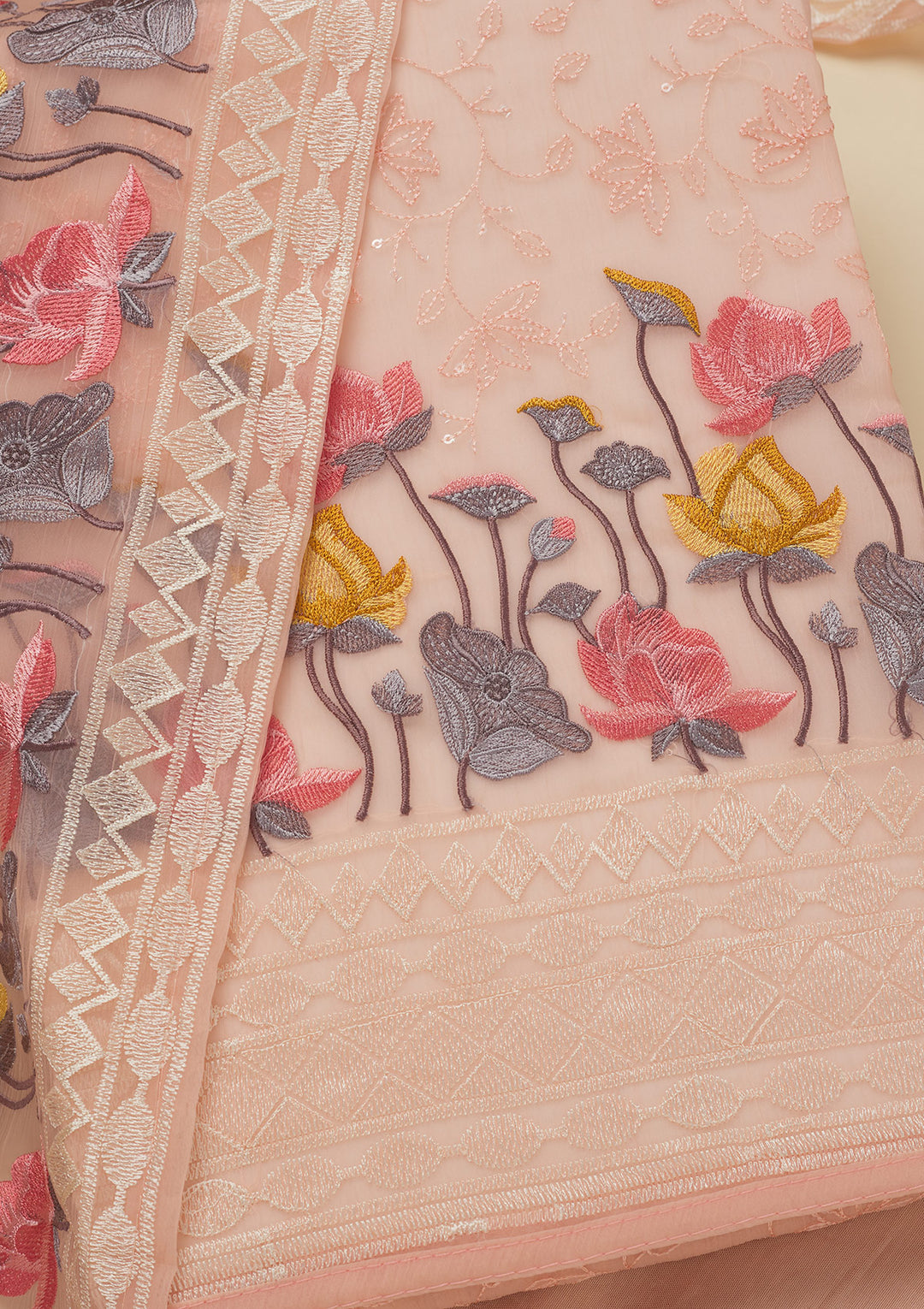 Peach Organza Threadwork Unstitched Dress Material With Matching Bottom And Dupatta