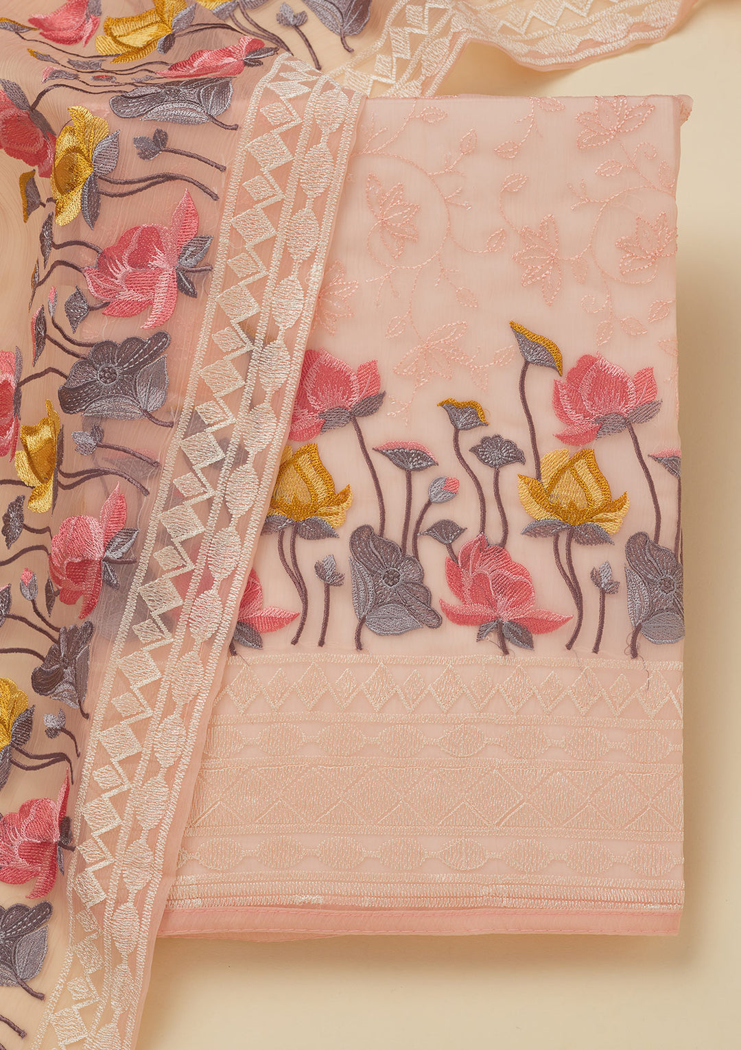 Peach Organza Threadwork Unstitched Dress Material With Matching Bottom And Dupatta
