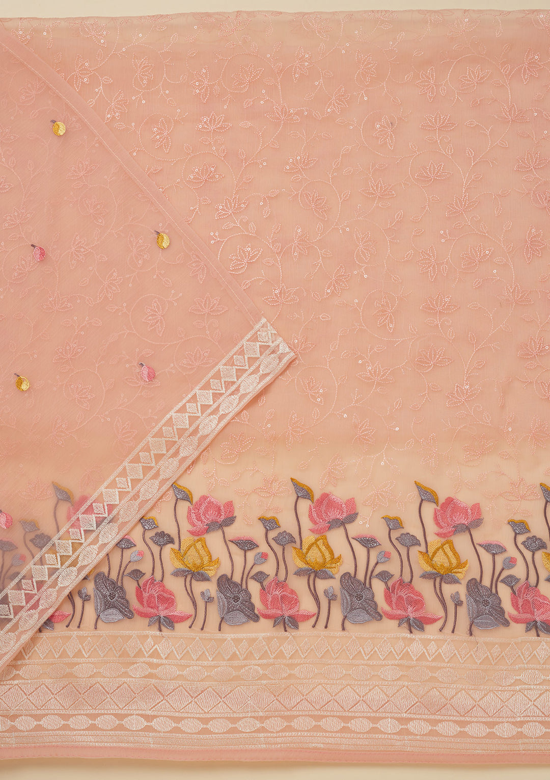 Peach Organza Threadwork Unstitched Dress Material With Matching Bottom And Dupatta