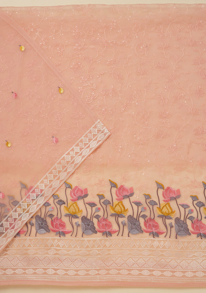 Peach Organza Threadwork Unstitched Dress Material With Matching Bottom And Dupatta