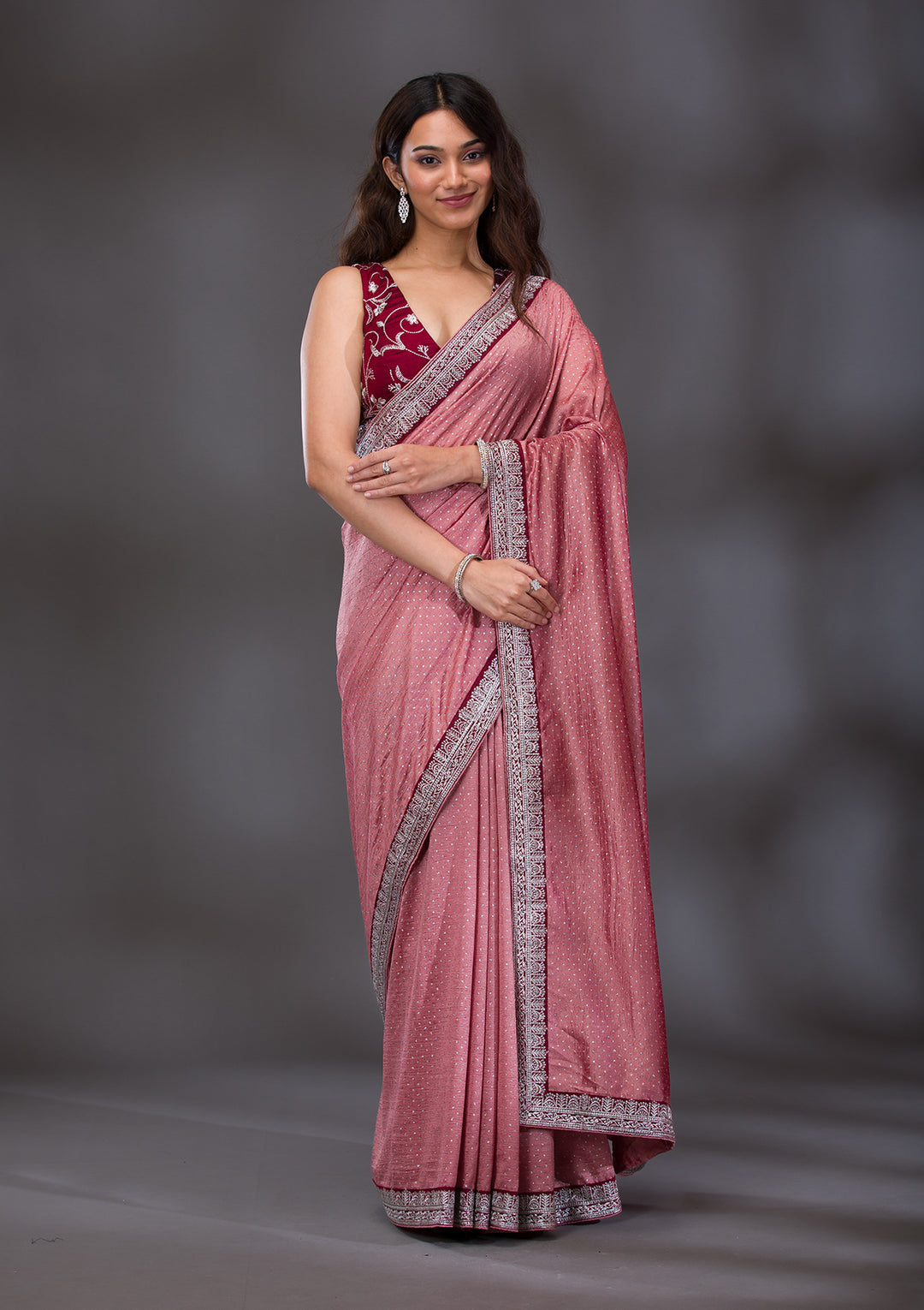 Peach Threadwork Raw Silk Saree