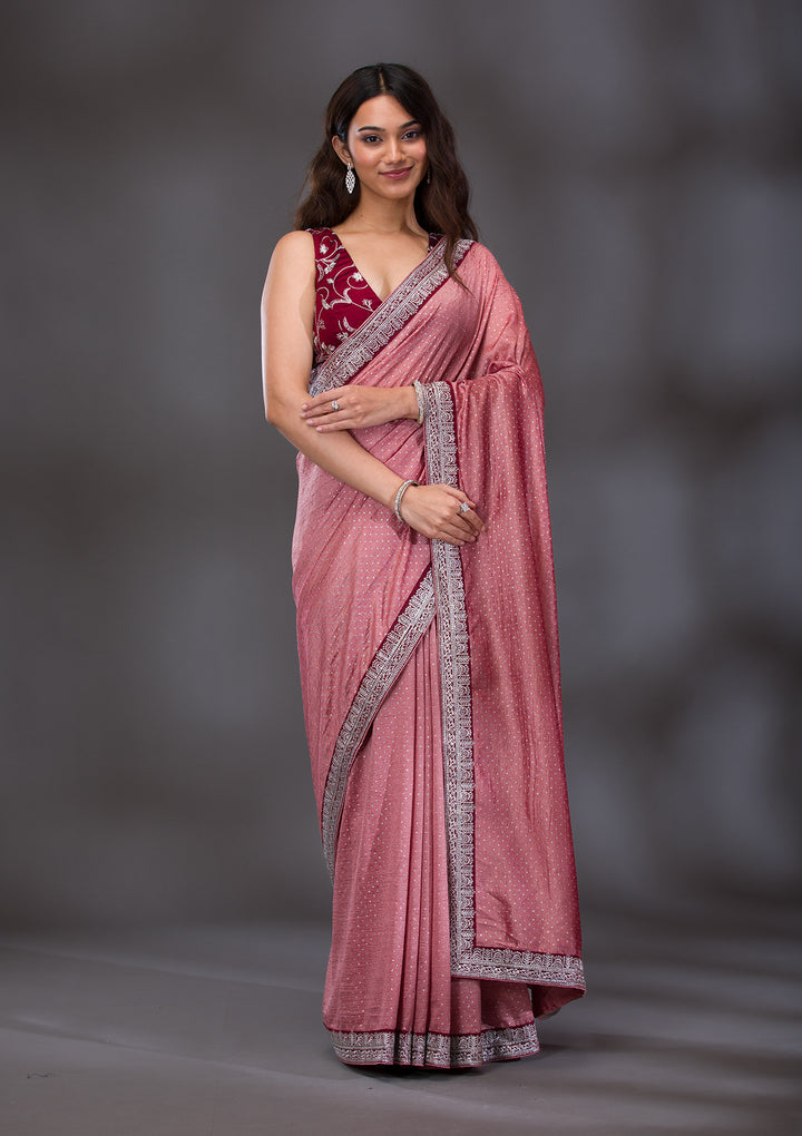Peach Threadwork Raw Silk Saree