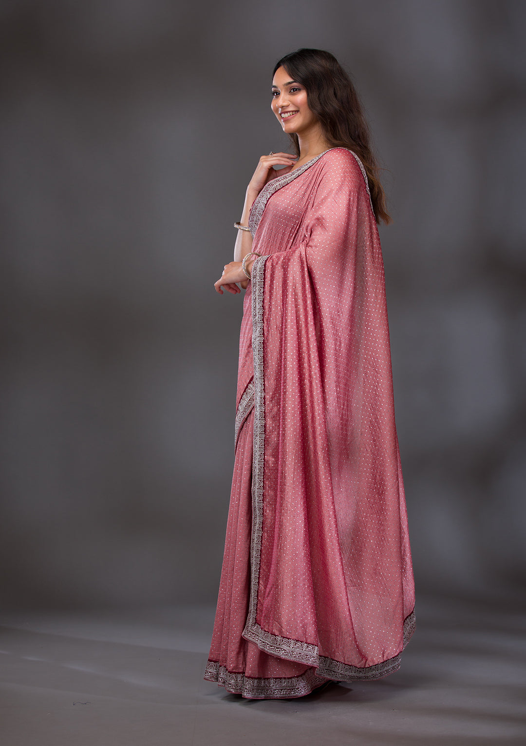 Peach Threadwork Raw Silk Saree