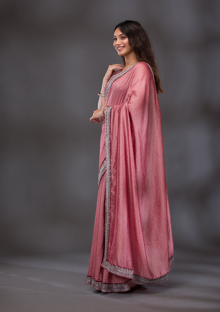 Peach Threadwork Raw Silk Saree