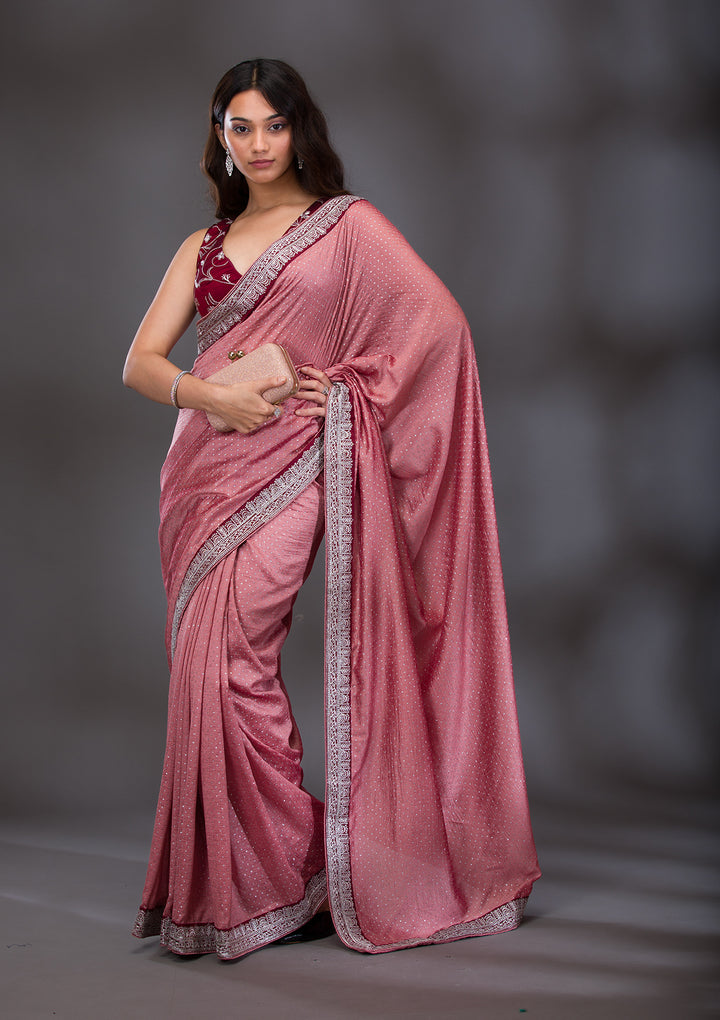Peach Threadwork Raw Silk Saree