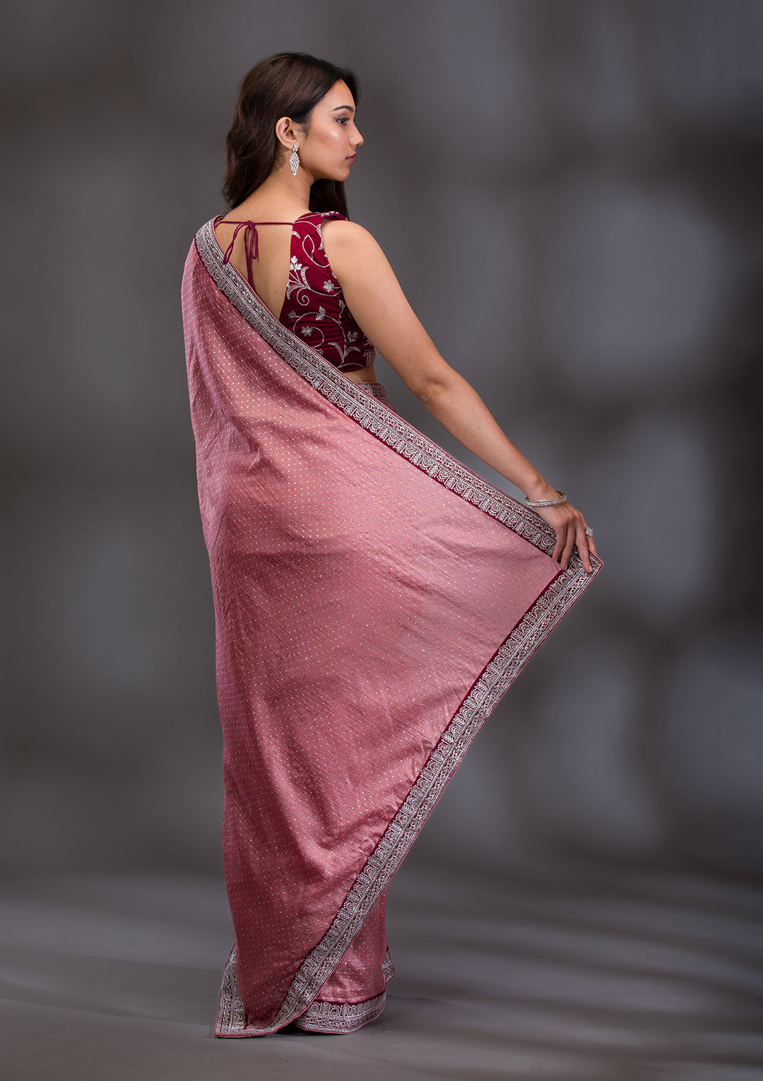 Peach Threadwork Raw Silk Saree