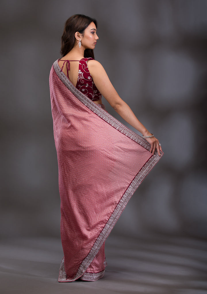 Peach Threadwork Raw Silk Saree