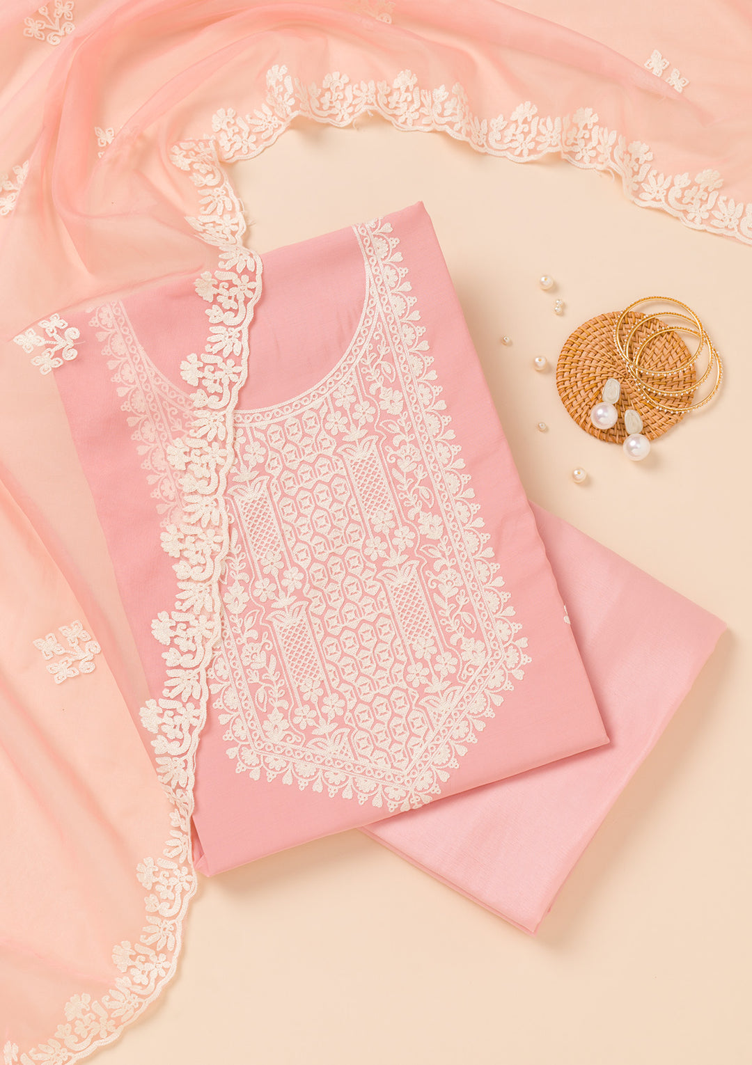 Peach Muslin Threadwork Unstitched Dress Material With Matching Bottom And Dupatta