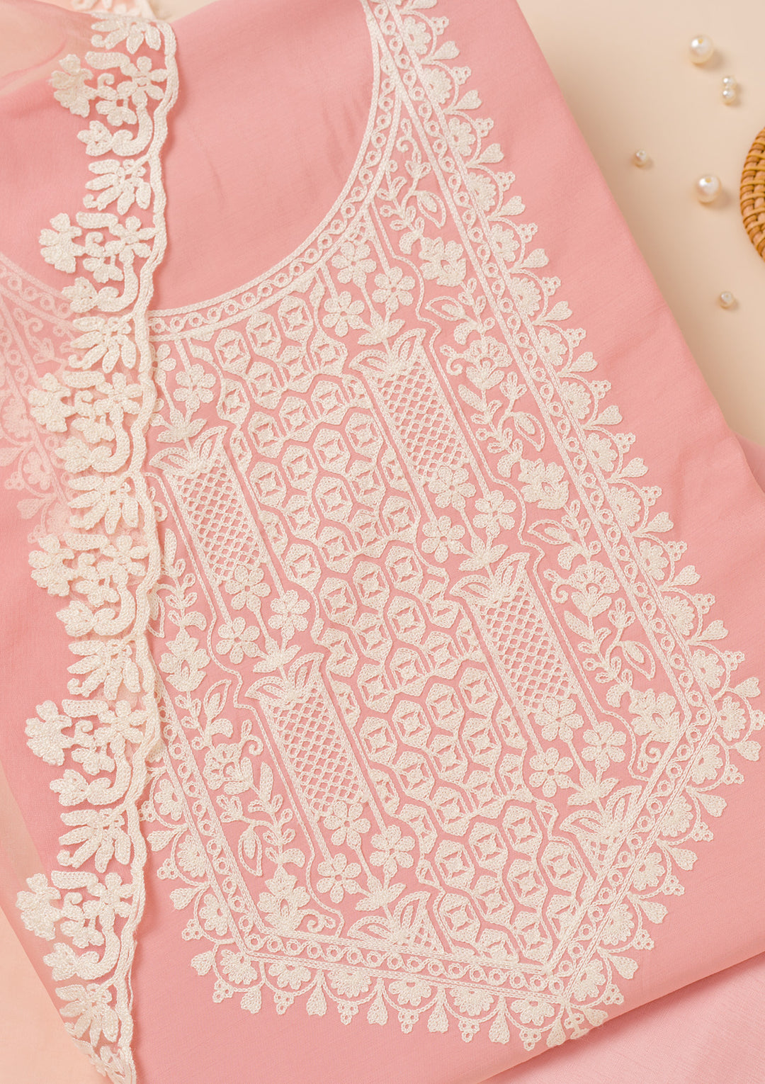 Peach Muslin Threadwork Unstitched Dress Material With Matching Bottom And Dupatta