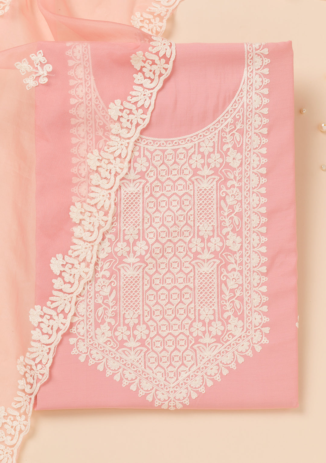 Peach Muslin Threadwork Unstitched Dress Material With Matching Bottom And Dupatta