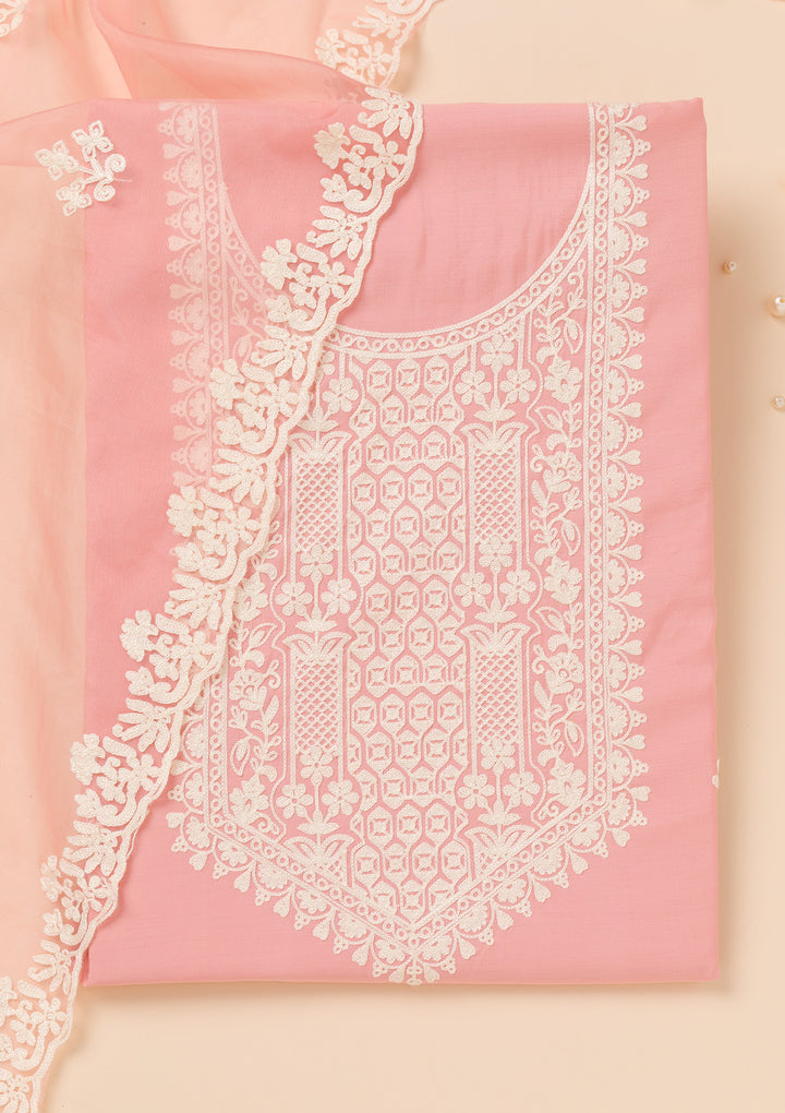 Peach Muslin Threadwork Unstitched Dress Material With Matching Bottom And Dupatta