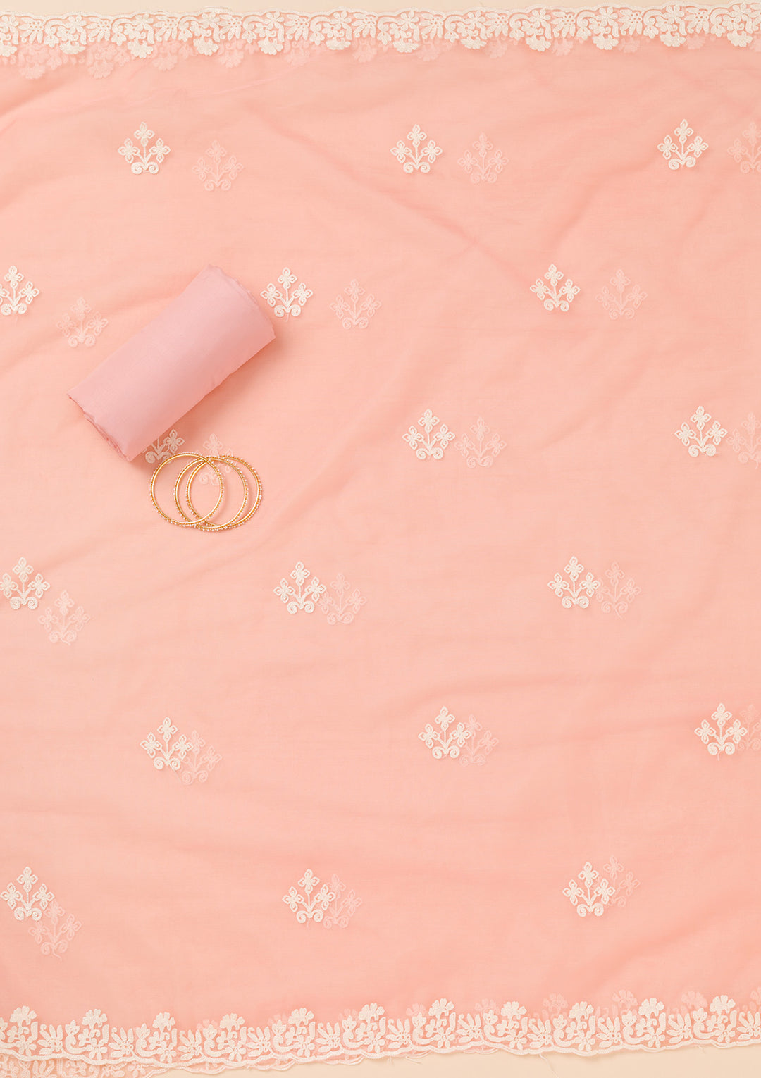 Peach Muslin Threadwork Unstitched Dress Material With Matching Bottom And Dupatta