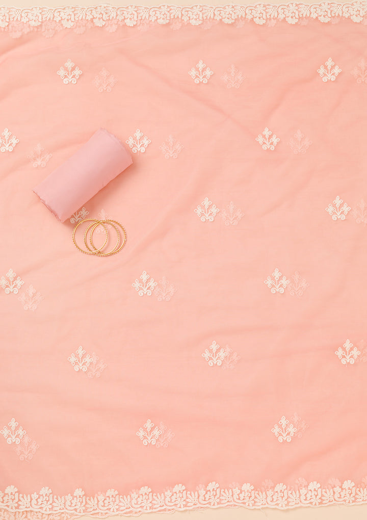 Peach Muslin Threadwork Unstitched Dress Material With Matching Bottom And Dupatta