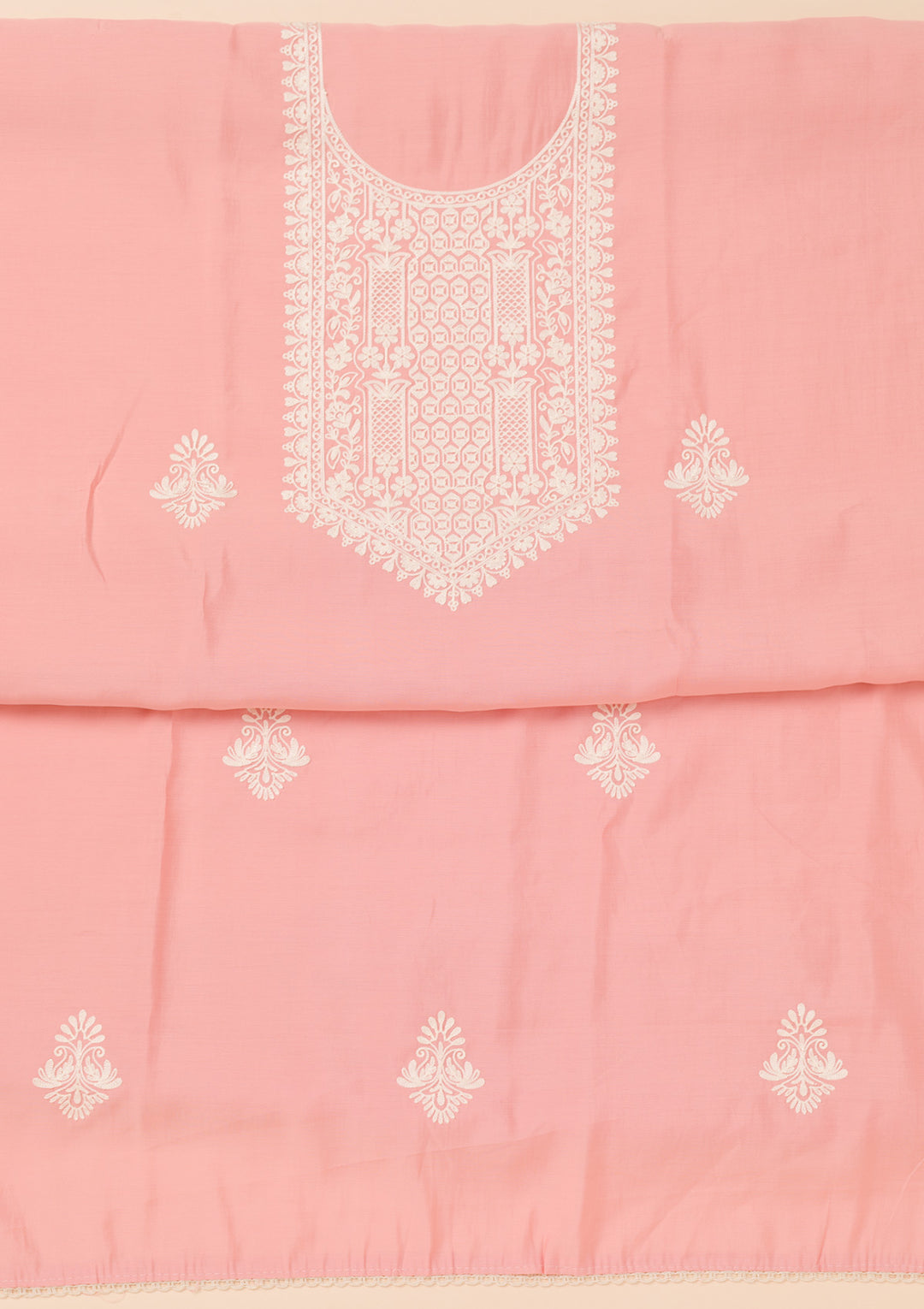 Peach Muslin Threadwork Unstitched Dress Material With Matching Bottom And Dupatta