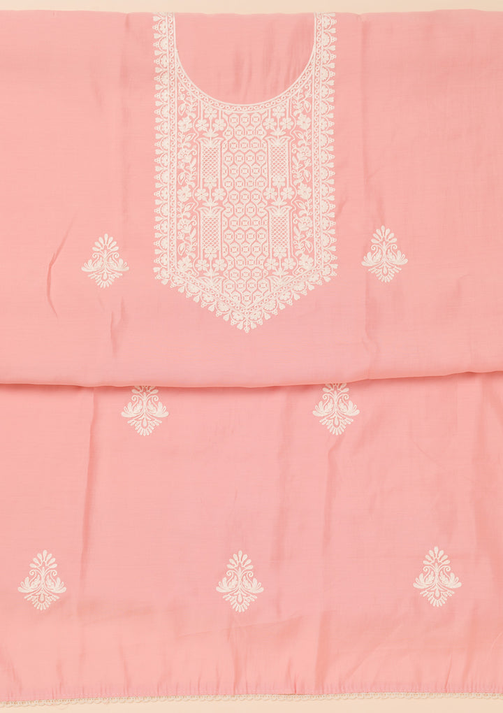 Peach Muslin Threadwork Unstitched Dress Material With Matching Bottom And Dupatta