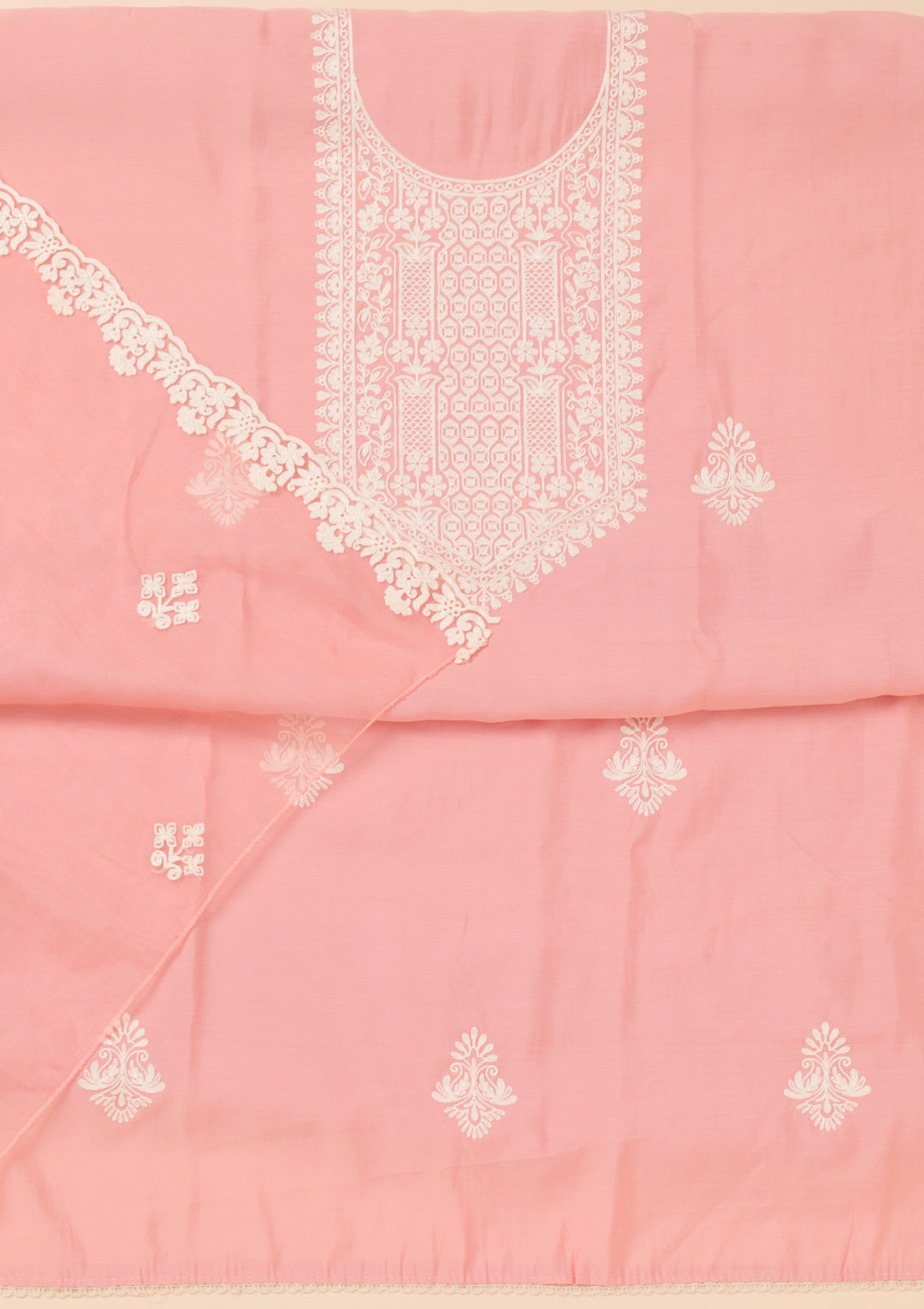 Peach Muslin Threadwork Unstitched Dress Material With Matching Bottom And Dupatta