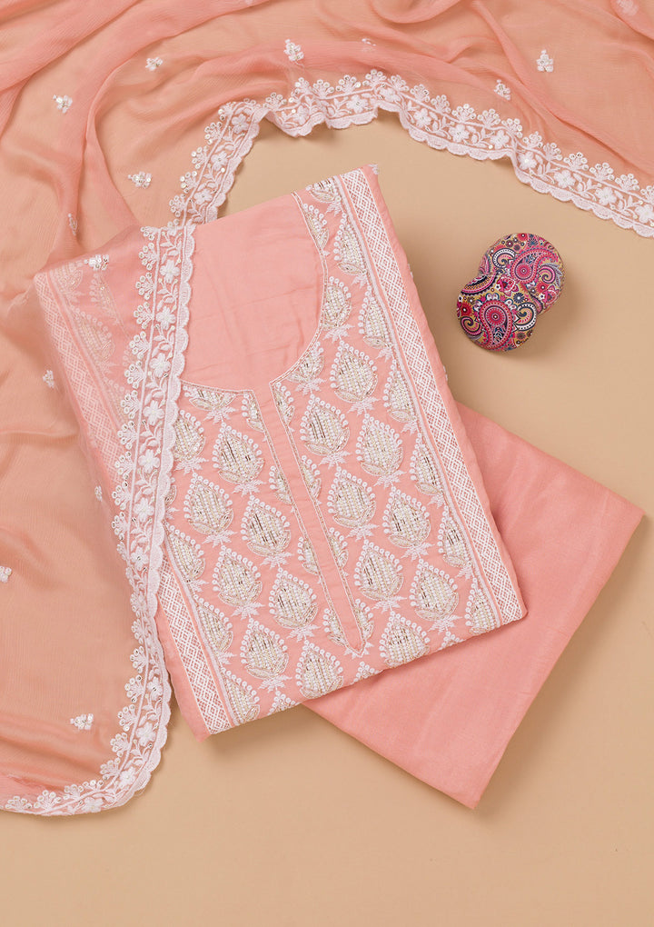 Peach Threadwork Semi Crepe Unstitched Salwar Suit