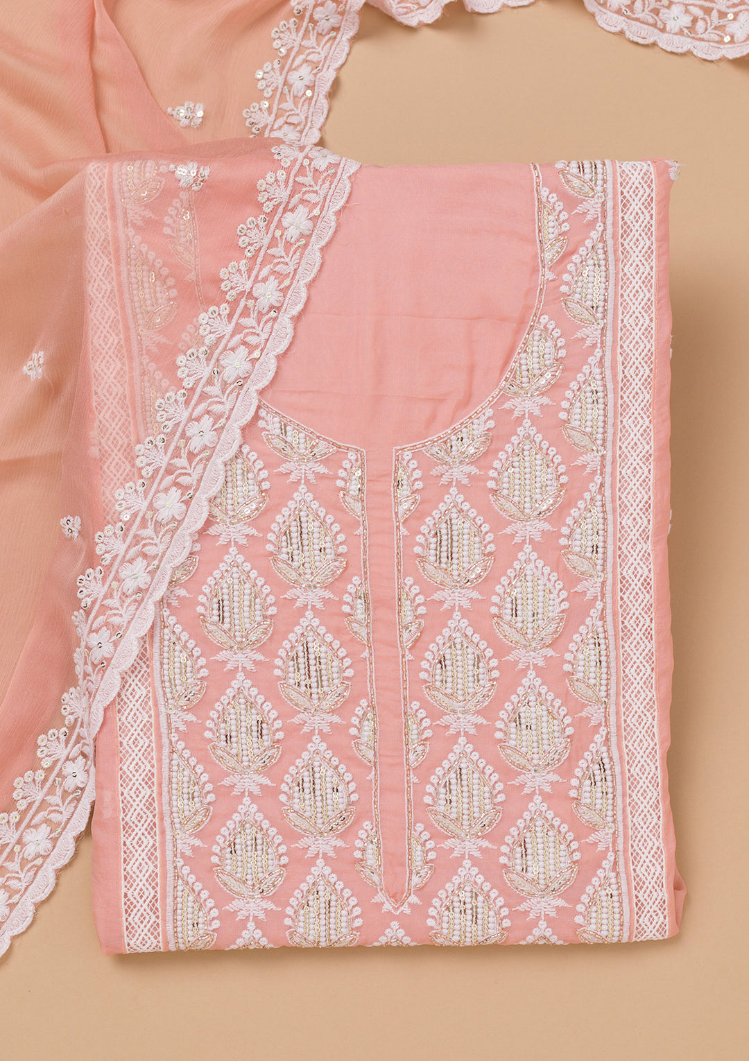 Peach Threadwork Semi Crepe Unstitched Salwar Suit