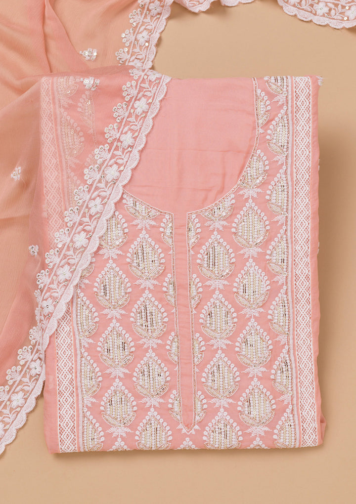 Peach Threadwork Semi Crepe Unstitched Salwar Suit