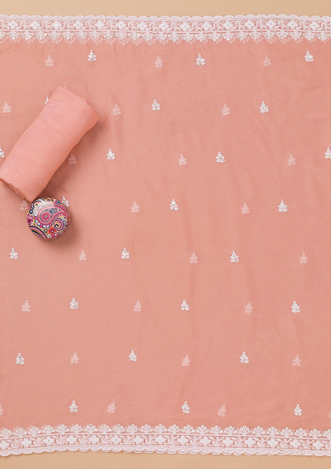 Peach Threadwork Semi Crepe Unstitched Salwar Suit