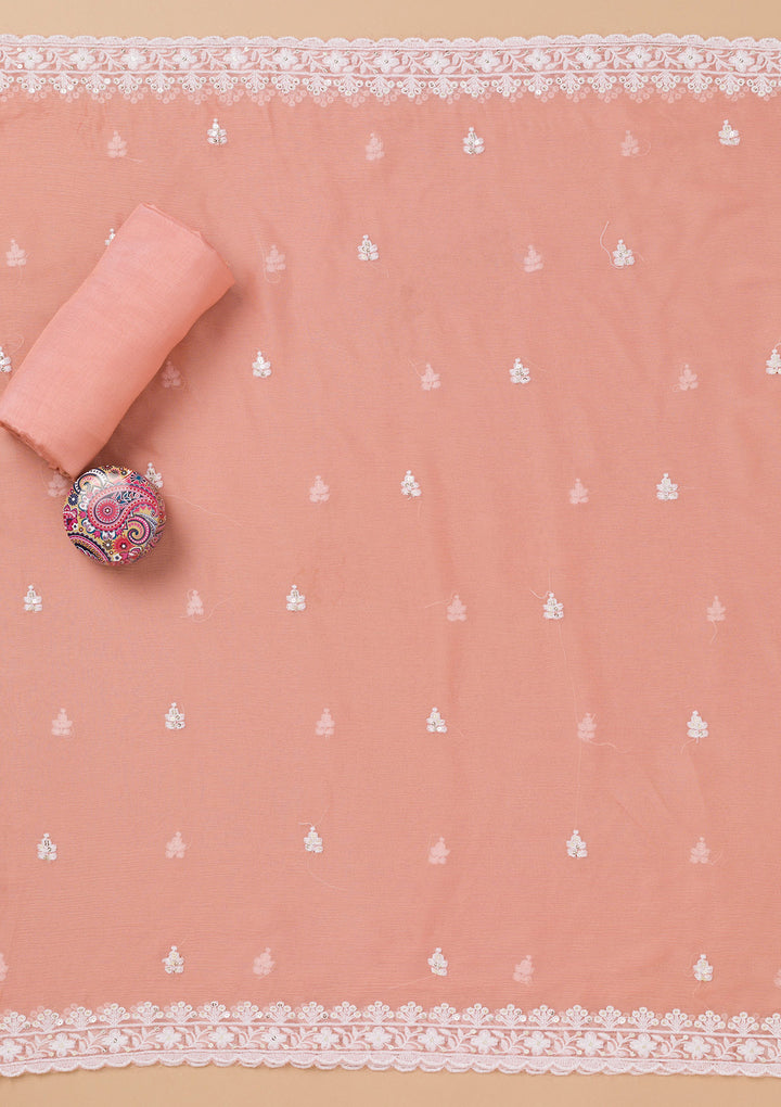 Peach Threadwork Semi Crepe Unstitched Salwar Suit