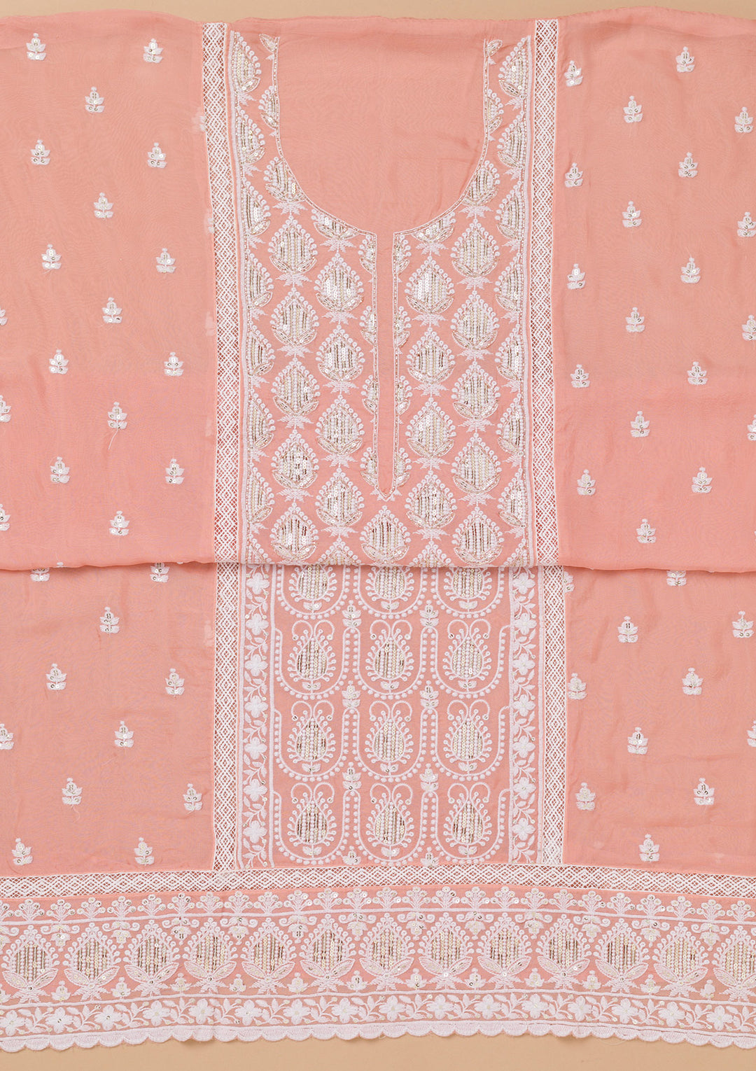 Peach Threadwork Semi Crepe Unstitched Salwar Suit